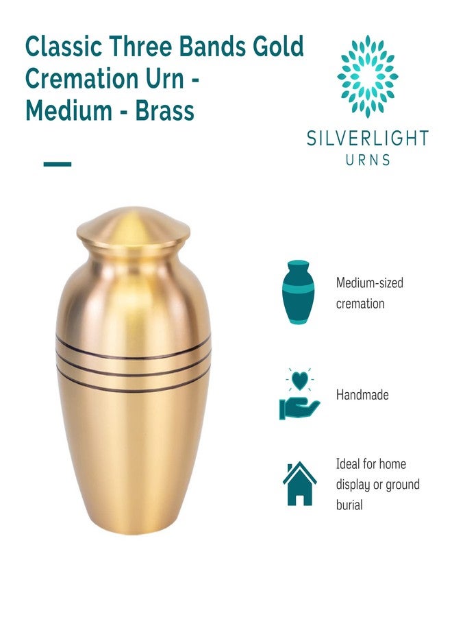Silverlight Urns جرة حرق جثث كلاسيكية بثلاثة أشرطة ذهبية - متوسطة الحجم، نحاس، جرة ذهبية، جرة للأطفال، جرة حرق جثث متوسطة الحجم، ارتفاع 8.25 بوصة - Image 3